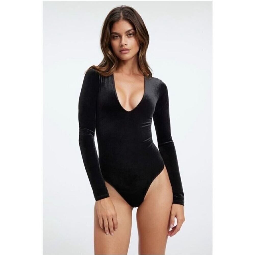Good American Black Velvet Deep V Bodysuit Sz L 3